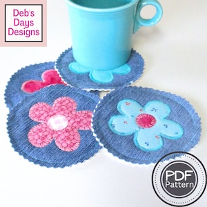 Flower Coaster Set PDF SEWING PATTERN, Digital Download, How to Make Floral Drink Coasters, Upcycled Denim, Seasonal Crafting Tutorial