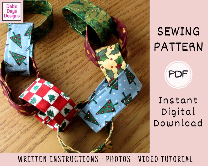 Countdown Chain Garland PDF SEWING PATTERN, Digital Download, How to Make Fabric Christmas Tree Decor, Hanging Advent Calendar Tutorial image 3