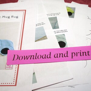 May include: A printable pattern for a farm truck mug rug. The pattern includes instructions for cutting out the truck, tires, and windows. The pattern also includes a picture of a finished mug rug with a blue truck and a blue mug.