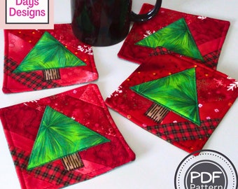 Quilted Christmas Tree Coasters PDF SEWING PATTERN, Digital Download, How to Make a Cloth Beverage Set, Simple Holiday Scrap Fabric Project