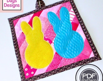 Quilted Easter Bunny Potholder PDF SEWING PATTERN, Digital Download, How to Make a Handmade Fabric Strip Rabbit Hot Pad, Kitchen Trivet