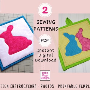 Bunny Potholder PDF SEWING PATTERN, Instant Digital Download, Make a Homemade Rabbit Hot Pad Trivet, Quilted Holiday Kitchen Tutorial image 1