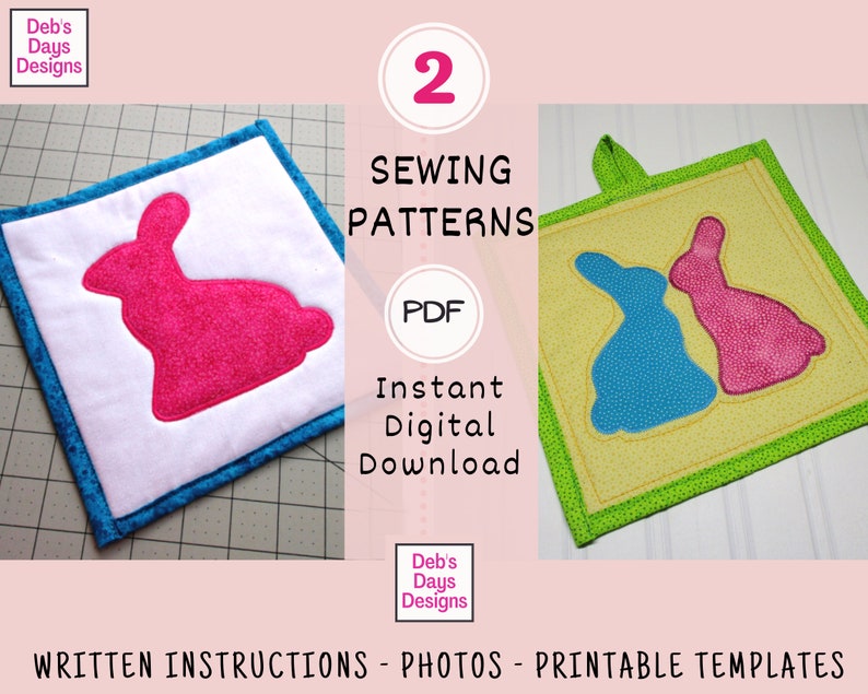 Bunny Potholder PDF SEWING PATTERN, Instant Digital Download, Make a Homemade Rabbit Hot Pad Trivet, Quilted Holiday Kitchen Tutorial image 1