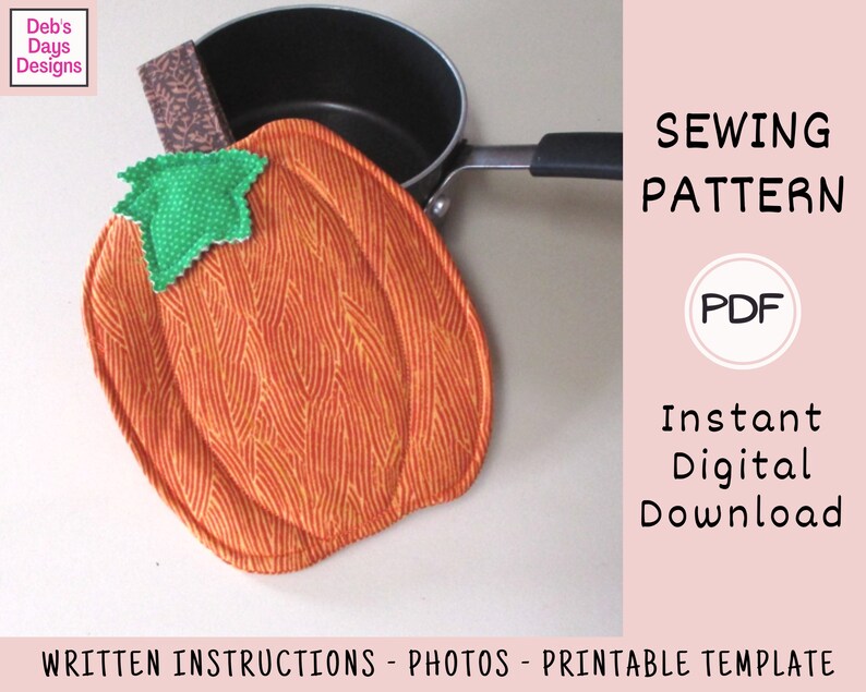 Pumpkin Potholder PDF SEWING PATTERN, Digital Download, How to Make a Quilted Fall Fabric Trivet, Handmade Cotton Hot Pad Tutorial image 3