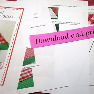 May include: A printable pattern for making stuffed watermelon slices. The pattern includes instructions and a template for cutting out the fabric. The text on the pattern says "Download and print at home".