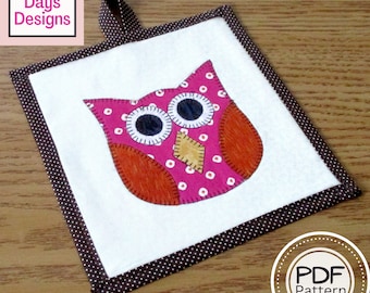 Owl Potholder PDF SEWING PATTERN, Digital Download, How to Make an Appliquéd Quilted Fabric Hot Pad, Handmade Cotton Trivet Fall Tutorial