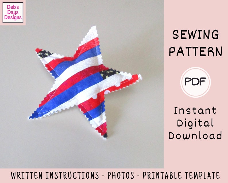 Red White and Blue Stars PDF SEWING PATTERN, Digital Download, How to Make Handmade Quilted Fabric Stars, Americana Tiered Tray Decor image 3