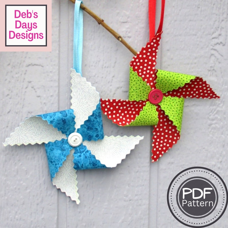 pinwheel ornament with hanging ribbon with button in center