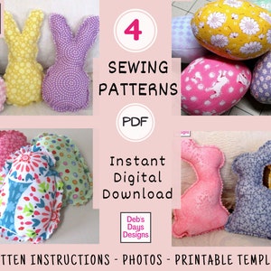 May include: Four sewing patterns for Easter crafts, including bunnies and eggs. The patterns are available as an instant digital download in PDF format. The image shows colorful fabric samples of the finished projects.