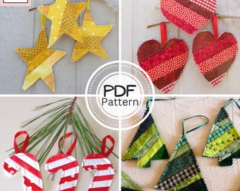 Scrap Fabric Christmas Tree Ornaments PDF SEWING PATTERN Bundle, Digital Download, How to Sew Easy Handmade Quilted Decorations