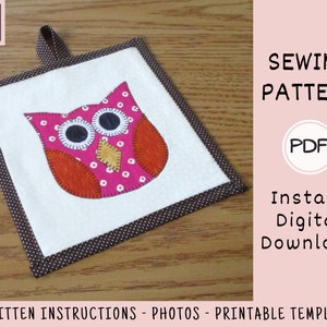 Owl Potholder PDF SEWING PATTERN, Digital Download, How to Make an Appliquéd Quilted Fabric Hot Pad, Handmade Cotton Trivet Fall Tutorial image 2