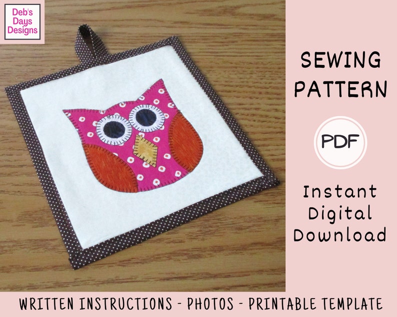 Owl Potholder PDF SEWING PATTERN, Digital Download, How to Make an Appliquéd Quilted Fabric Hot Pad, Handmade Cotton Trivet Fall Tutorial image 2