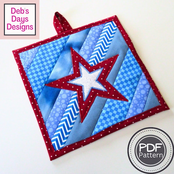 Quilted Star Potholder PDF SEWING PATTERN, Digital Download, How to Sew a Handmade Fabric Strip Hot Pad, Red White and Blue July 4th Trivet