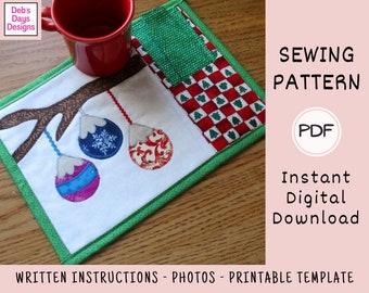 Christmas Ornaments Mug Rug PDF Sewing PATTERN, Digital Download, DIY Quilted Pocketed Mini Placemat, Handmade Holiday Gift Idea