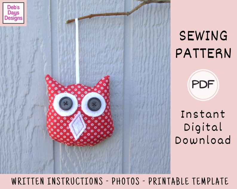 Hanging Owl Ornament PDF SEWING PATTERN, Digital Download, How to Make Handmade Christmas Tree Decorations, Easy Fall Plush Shape Tutorial afbeelding 2