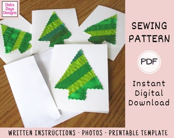 Christmas Notecard Set PDF Sewing Pattern, Digital Download, How to Make Handmade Fabric Strip Cards, DIY Christmas Tree Holiday Craft