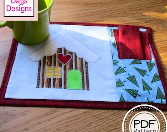 Gingerbread House Mug Rug PDF SEWING PATTERN, Digital Download, How to Make a Quilted Christmas Mini Placemat, Appliquéd Snack Mat Tutorial