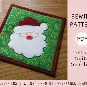 Santa Claus Potholder PDF SEWING PATTERN, Digital Download, How to Make a Quilted Christmas Hot Pad Trivet, Appliquéd Holiday Tutorial image 3