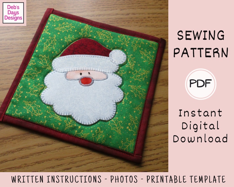 Santa Claus Potholder PDF SEWING PATTERN, Digital Download, How to Make a Quilted Christmas Hot Pad Trivet, Appliquéd Holiday Tutorial image 3