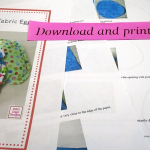 May include: A printable pattern for making stuffed fabric eggs. The pattern includes instructions for cutting, sewing, and finishing the eggs. The text on the page reads "Download and print at home".