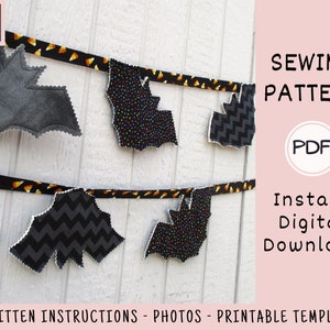 Halloween Bat Garland PDF SEWING PATTERN, Digital Download, How to Make a Fall Fabric Bunting Banner, Handmade October Party Hanging Decor image 3