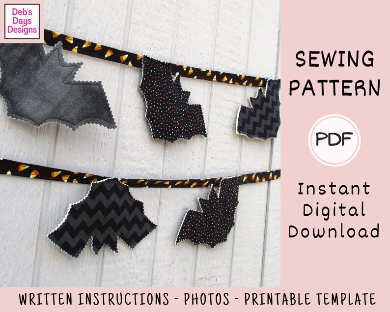 Halloween Bat Garland PDF SEWING PATTERN, Digital Download, How to Make a Fall Fabric Bunting Banner, Handmade October Party Hanging Decor imagen 3