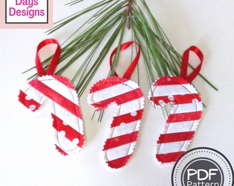 Quilted Candy Cane Ornaments PDF SEWING PATTERN, Digital Download, How to Make Handmade Cloth Holiday Decor, Scrap Fabric Project Tutorial