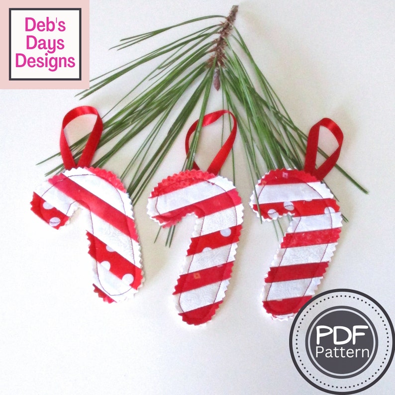 Quilted Candy Cane Ornaments PDF SEWING PATTERN, Digital Download, How to Make Handmade Cloth Holiday Decor, Scrap Fabric Project Tutorial image 1