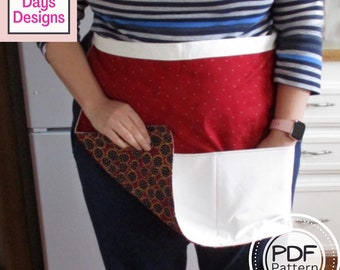 Pocketed Half Apron PDF SEWING PATTERN, Digital Download, How to Sew a Reversible Cloth Kitchen Apron with Long Ties, Gardener Gift Tutorial