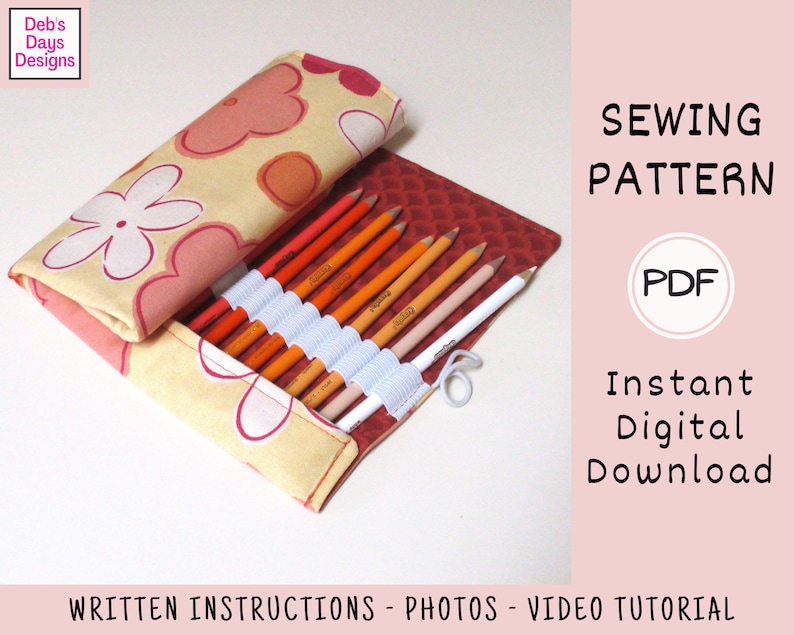 Pencil Case Roll PDF SEWING PATTERN, Digital Download, How to Make a Handmade Roll Up Coloring Pencil Organizer, Storage Holder Tutorial image 4