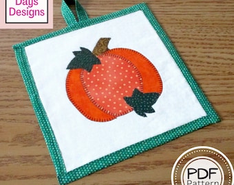 Pumpkin Potholder PDF SEWING PATTERN, Digital Download, How to Make a Fall Quilted Fabric Hot Pad, Handmade Cotton Trivet Tutorial