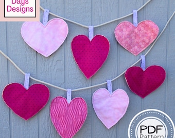 Heart Garland PDF SEWING PATTERN, Digital Download, How to Make a Quilted Fabric Valentine's Day Bunting Banner, Hanging Hearts Tutorial