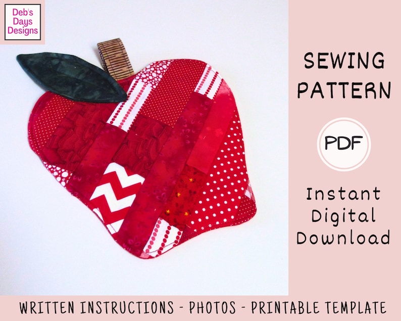 Quilted Apple Potholder PDF SEWING PATTERN, Digital Download, How to Make a Harvest Kitchen Hot Pad, Cotton Scrap Fabric Trivet Tutorial image 3