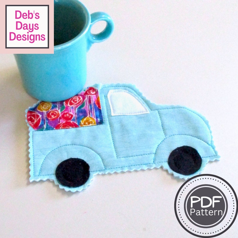 Farm Truck Mug Rug PDF SEWING PATTERN, Digital Download, How to Make an Old Time Truck Quilted Coaster, Cotton Fabric Beverage Mat Tutorial image 1