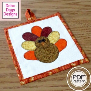 Thanksgiving Potholder PDF SEWING PATTERN, Digital Download, How to Make an Appliquéd Turkey Hot Pad, Quilted Fabric Holiday Trivet Tutorial