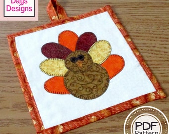 Thanksgiving Potholder PDF SEWING PATTERN, Digital Download, How to Make an Appliquéd Turkey Hot Pad, Quilted Fabric Holiday Trivet Tutorial