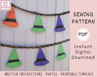 Halloween Witches Hats Bunting PDF Sewing PATTERN, Digital Download, DIY Fall Hanging Fabric Garland, Sew a Handmade October Party Banner