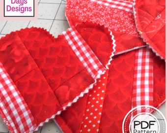 Scrappy Heart Coasters PDF SEWING PATTERN, Digital Download, How to Sew Quilted Fabric Valentine's Day Drink Coaster Set