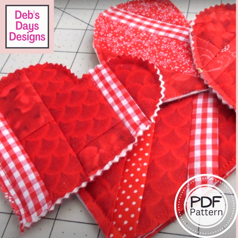 Scrappy Heart Coasters PDF SEWING PATTERN, Digital Download, How to Sew Quilted Fabric Valentine's Day Drink Coaster Set image 1