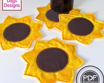 Sunflower Coasters PDF SEWING PATTERN, Digital Download, How to Make Handmade Fabric Drink Coaster Set, Easy Summertime Floral Tabletop Idea