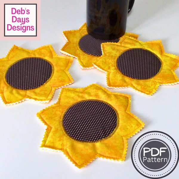 Sunflower Coasters PDF SEWING PATTERN, Digital Download, How to Make Handmade Fabric Drink Coaster Set, Easy Summertime Floral Tabletop Idea