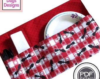 Pocket Placemat PDF SEWING PATTERN, Digital Download, How to Make a Cloth Utensil and Plate Caddy, Reusable Fabric Picnic Storage Tutorial