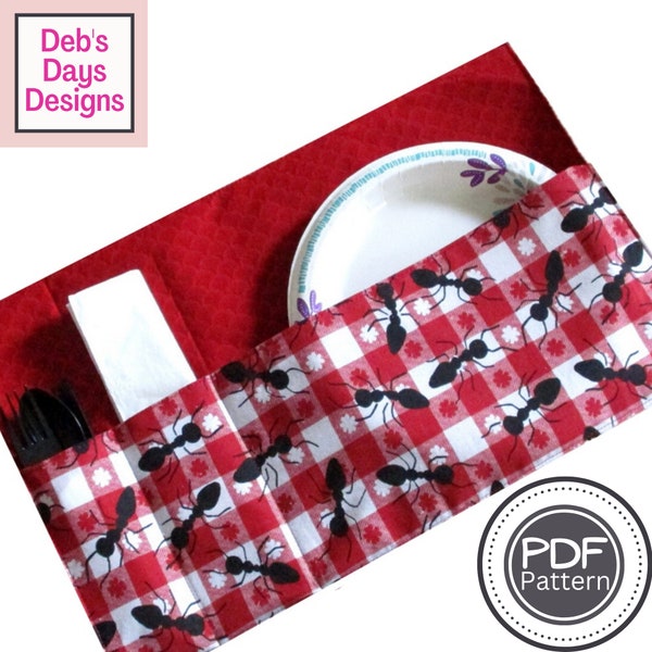 Pocket Placemat PDF SEWING PATTERN, Digital Download, How to Make a Cloth Utensil and Plate Caddy, Reusable Fabric Picnic Storage Tutorial