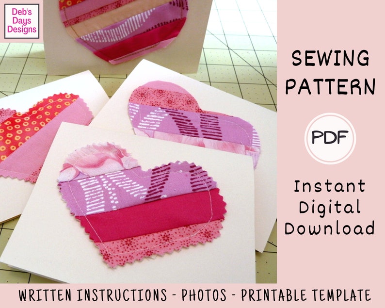 Valentine's Day Cards PDF SEWING PATTERN, Digital Download, How to Make Handmade Heart Fabric Strip Cards, Notecard Craft Tutorial image 3