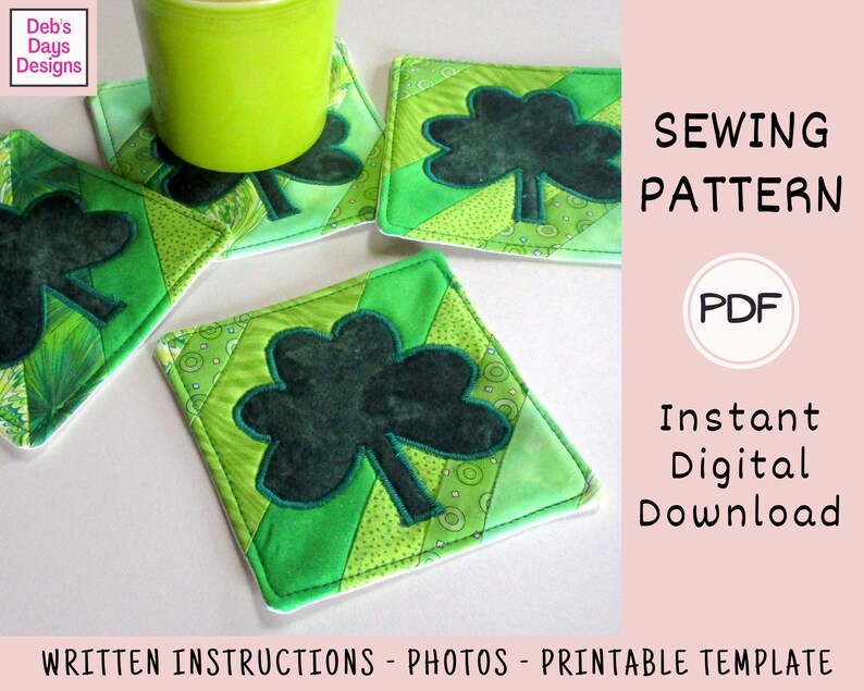 St. Patrick's Day Quilted Coasters PDF SEWING PATTERN, Digital Download, How to Make Shamrock Drink Coasters, Simple Scrap Fabric Project image 5