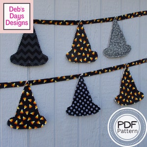 Easy Witches Hats Garland PDF SEWING PATTERN, Digital Download, How to Make Halloween Fabric Bunting Banner, October Hanging Banner Tutorial