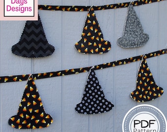 Easy Witches Hats Garland PDF SEWING PATTERN, Digital Download, How to Make Halloween Fabric Bunting Banner, October Hanging Banner Tutorial