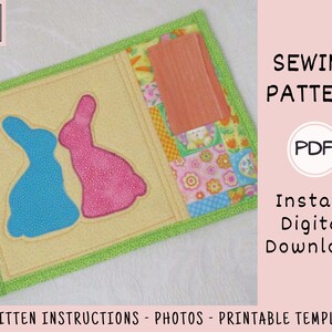 May include: A sewing pattern for a quilted Easter bunny wall hanging. The pattern includes written instructions, photos, and a printable template. The pattern is available as an instant digital download in PDF format.