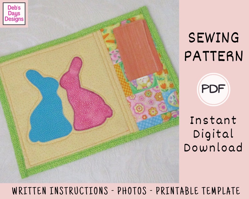 May include: A sewing pattern for a quilted Easter bunny wall hanging. The pattern includes written instructions, photos, and a printable template. The pattern is available as an instant digital download in PDF format.