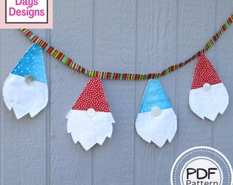 Gnome Garland PDF SEWING PATTERN, Digital Download, How to Make a Fabric Garden Gnome Banner, Easy Quilted Hanging Bunting Tutorial